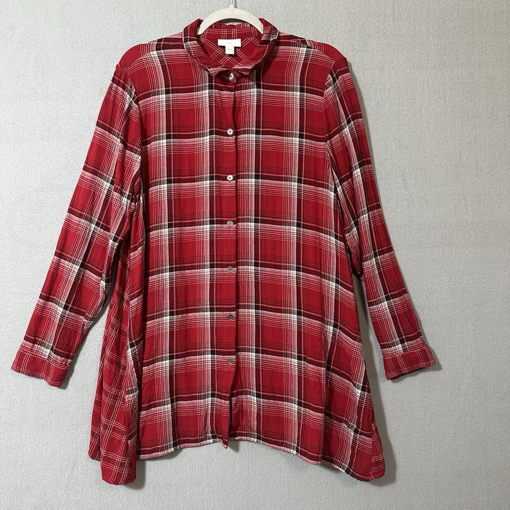 J Jill Button Up Tunic Women's Large Red Plaid Rayon Pockets Holiday Country